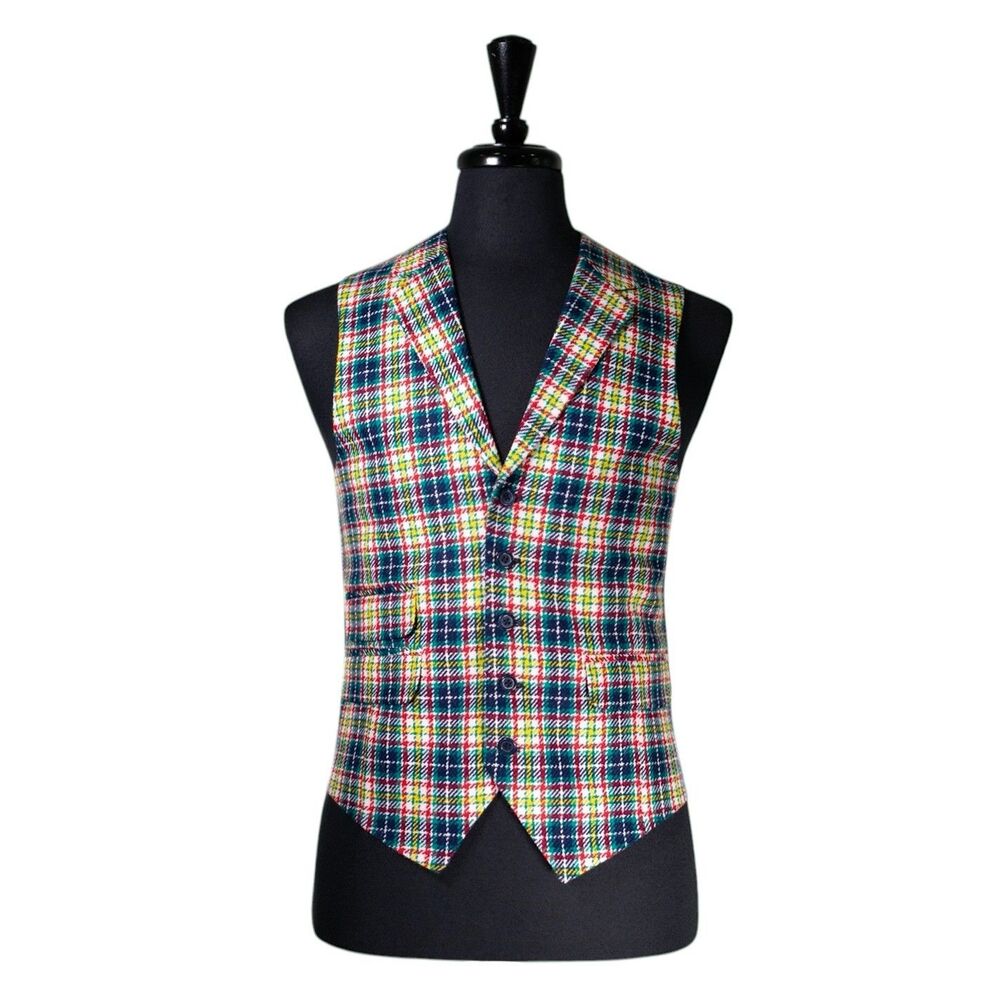 Mens Plaid Vest 40R Multicolor Wool Waistcoat Check Wedding Preppy Formal Prom